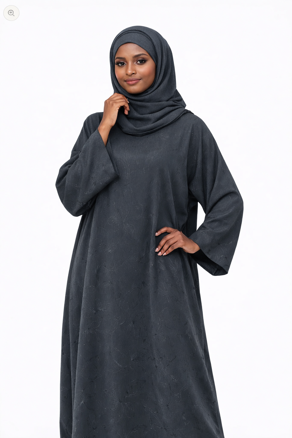 Noor Abaya — Charcoal (with hijab)